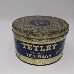 Vintage 1950's Round 100 Bag Tetley Tea Tin Round Metal Silver Navy Blue